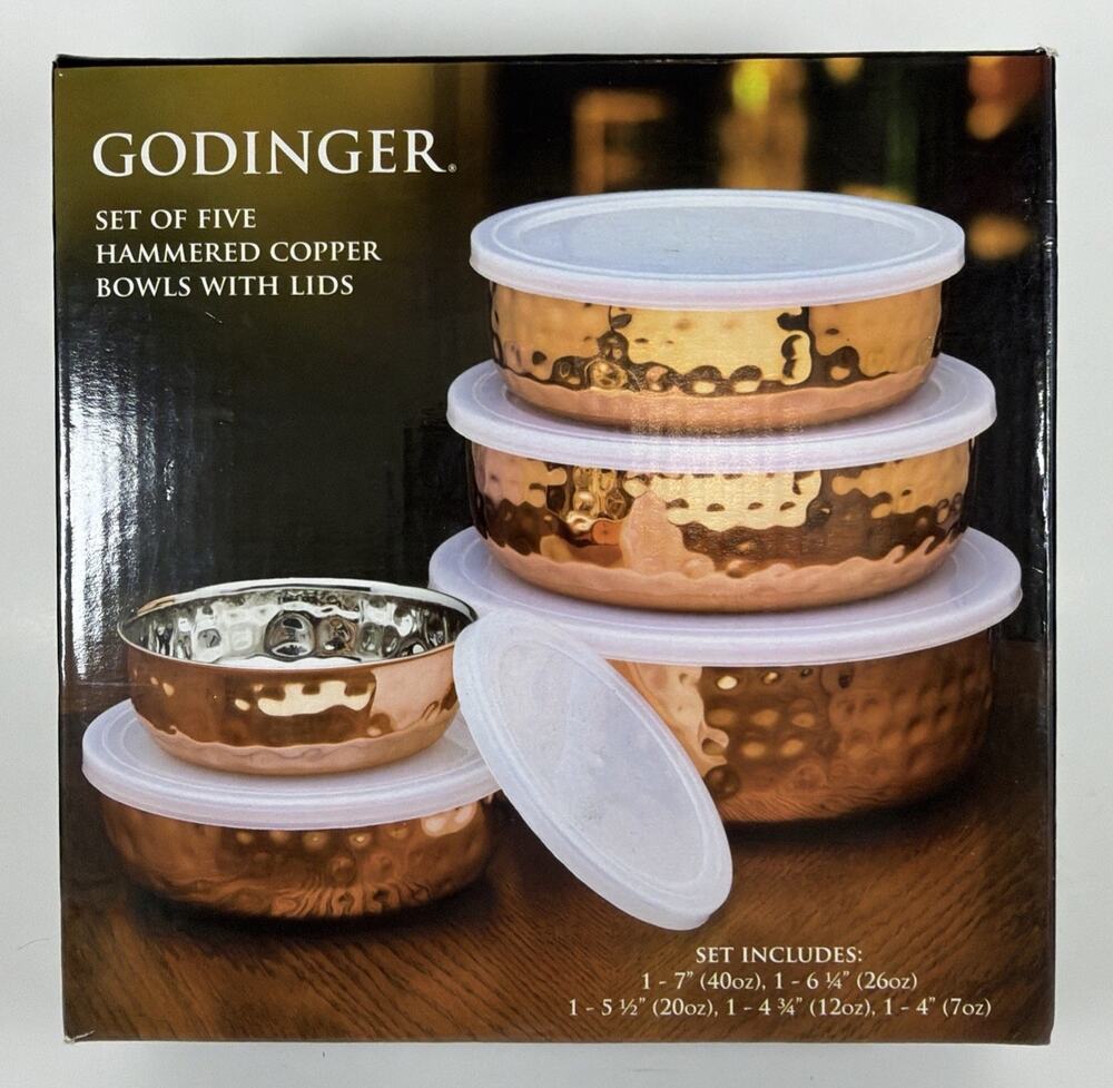 5 Piece Hammered Copper Bowls w/ Lids - Godinger - New